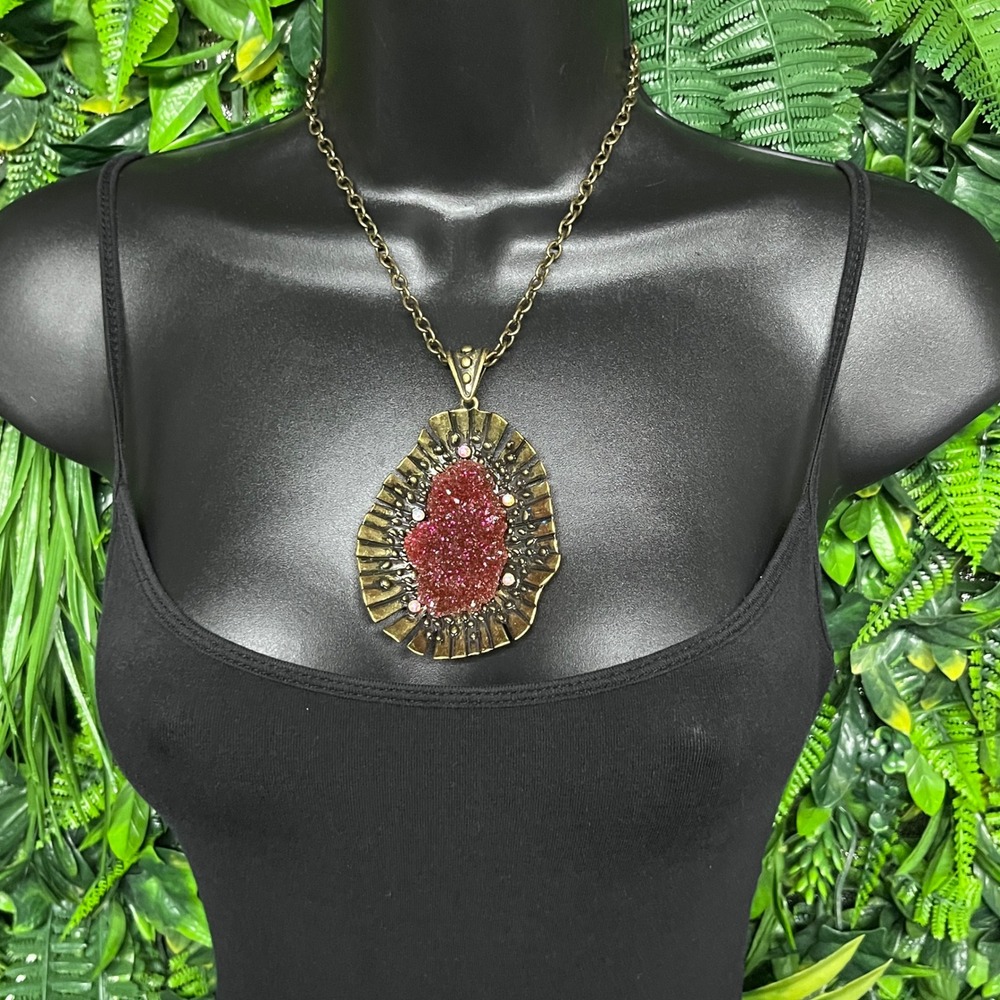 Antique Bronze Tone Necklace Boho‎ Rhinestone Pendant Burgundy Druzy 3801